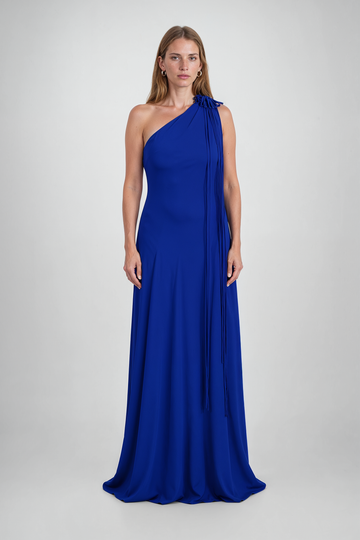 Mikael Aghal One-Shoulder Fringe Accent Maxi Gown