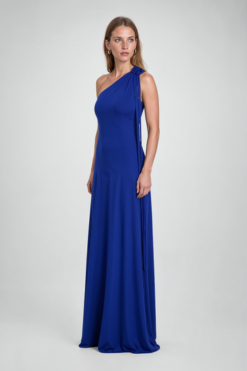 Mikael Aghal One-Shoulder Fringe Accent Maxi Gown