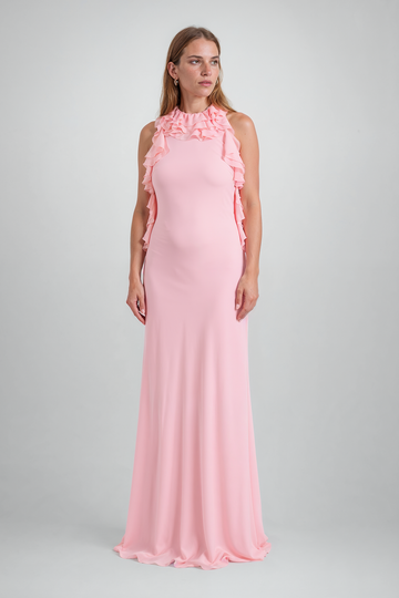 Mikael Aghal Pink Ruffled High-Neck Sleeveless Gown