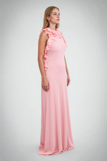 Mikael Aghal Pink Ruffled High-Neck Sleeveless Gown