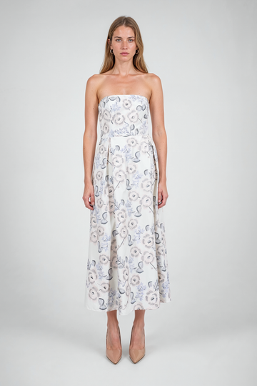 Mikael Aghal Strapless Floral Print Pleated Midi Dress