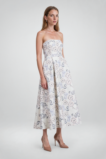 Mikael Aghal Strapless Floral Print Pleated Midi Dress