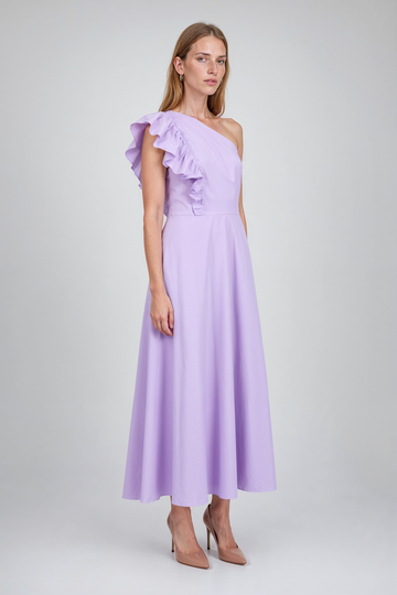 Mikael Aghal Lilac One-Shoulder Ruffle Midi Dress