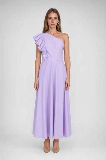 Mikael Aghal Lilac One-Shoulder Ruffle Midi Dress
