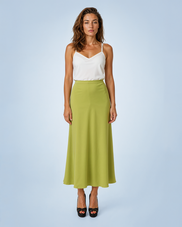 Mikael Aghal Satin High-Waisted A-Line Midi Skirt in Chartreuse Green