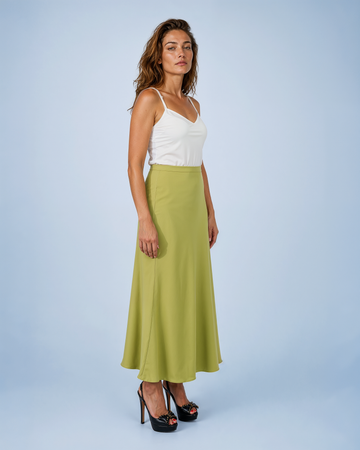 Mikael Aghal Satin High-Waisted A-Line Midi Skirt in Chartreuse Green