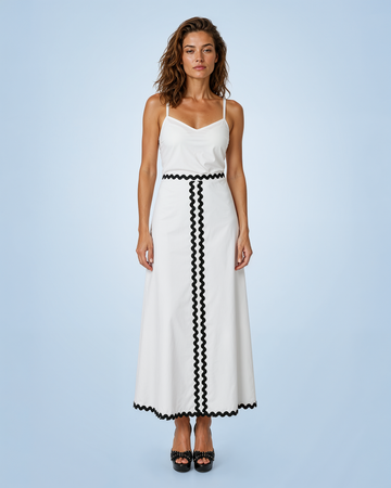 Mikael Aghal Ric-Rac Trimmed A-Line Maxi Skirt in White/Black