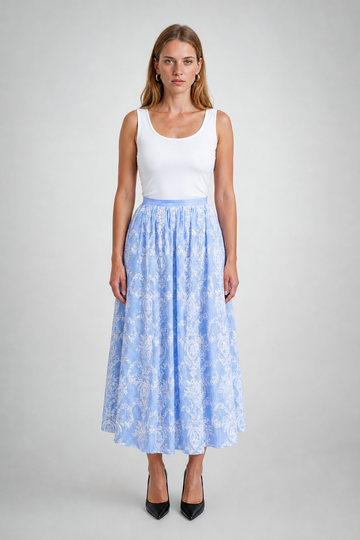 Mikael Aghal Embroidered Toile Stripe Midi Skirt
