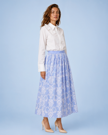 Mikael Aghal Embroidered Toile Stripe Cotton Midi Skirt