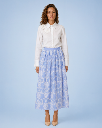 Mikael Aghal Embroidered Toile Stripe Cotton Midi Skirt