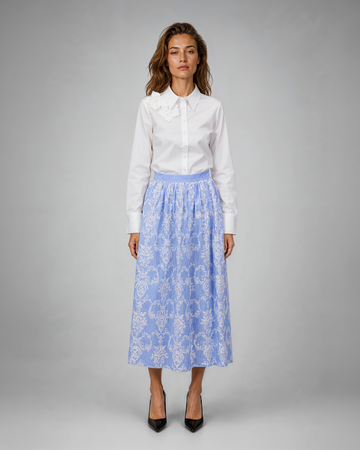 Mikael Aghal Embroidered Toile Stripe Cotton Midi Skirt