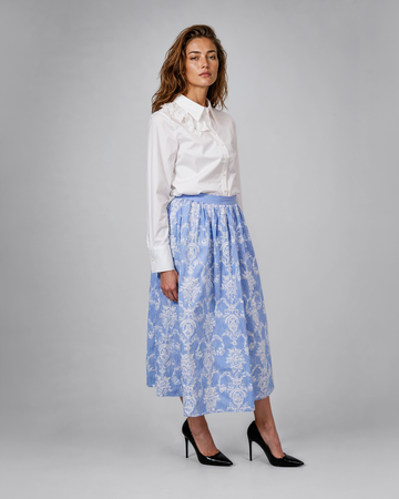 Mikael Aghal Embroidered Toile Stripe Cotton Midi Skirt