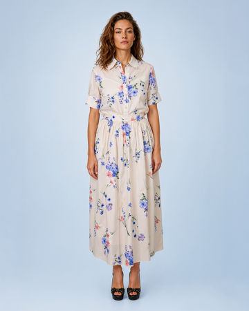 Mikael Aghal Watercolor Floral Gathered A-Line Midi Skirt in Off-White Multi
