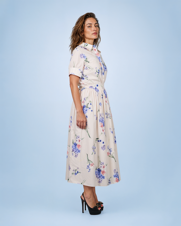 Mikael Aghal Watercolor Floral Gathered A-Line Midi Skirt in Off-White Multi