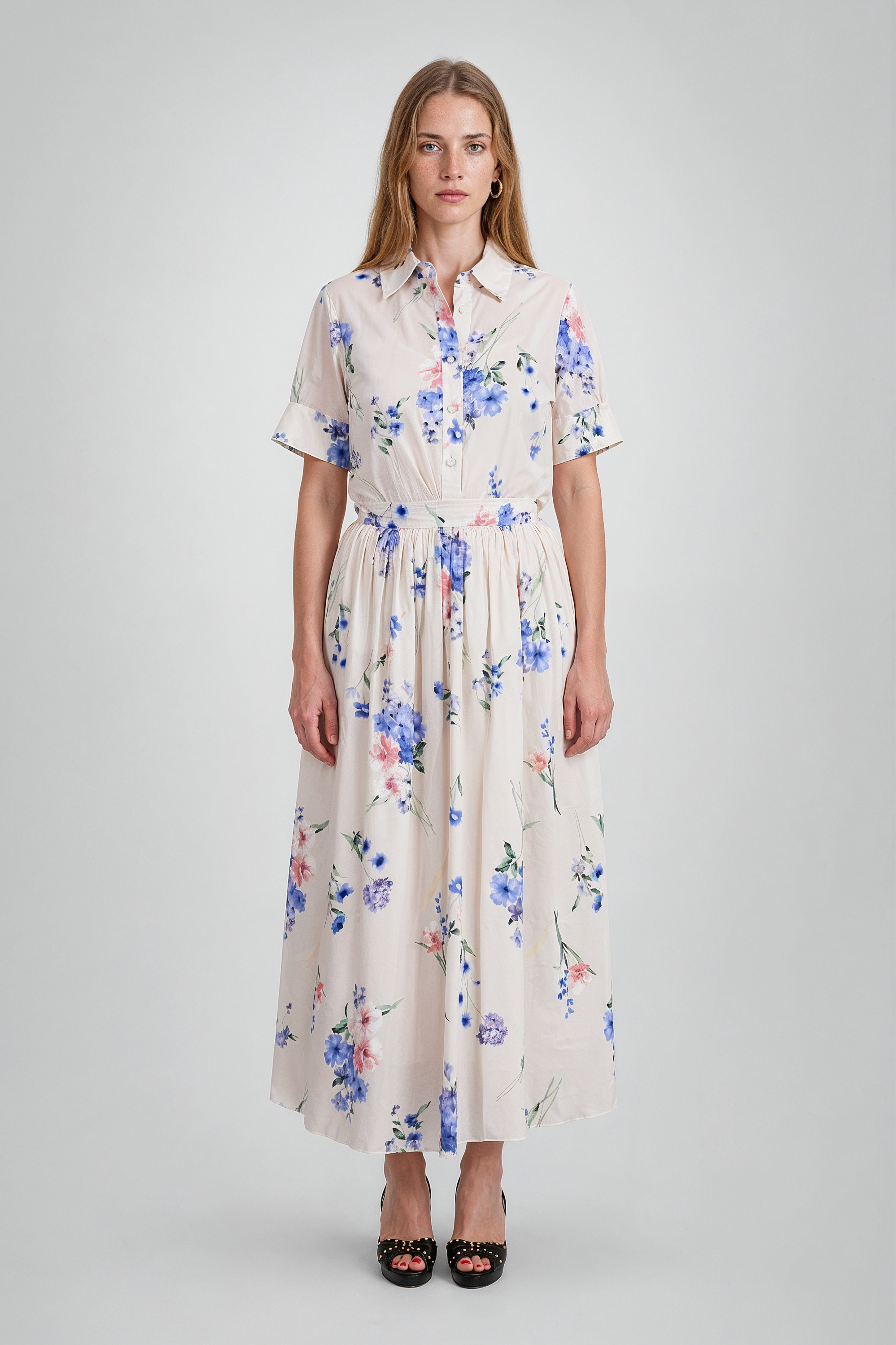 Watercolor Floral Gathered A-Line Midi Skirt