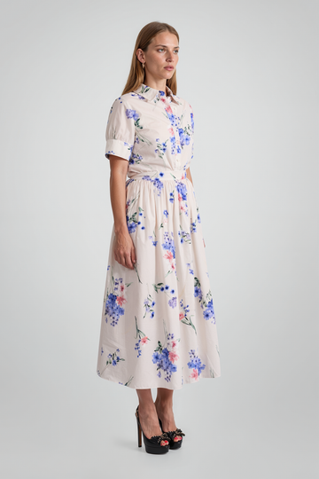 Mikael Aghal Watercolor Floral Gathered A-Line Midi Skirt