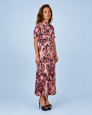 Mikael Aghal Botanical Print A-Line Maxi Skirt in Dusty Rose Multi