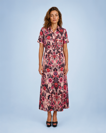 Mikael Aghal Botanical Print A-Line Maxi Skirt in Dusty Rose Multi