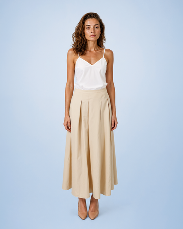 Mikael Aghal Beige Box-Pleated Cotton Midi Skirt