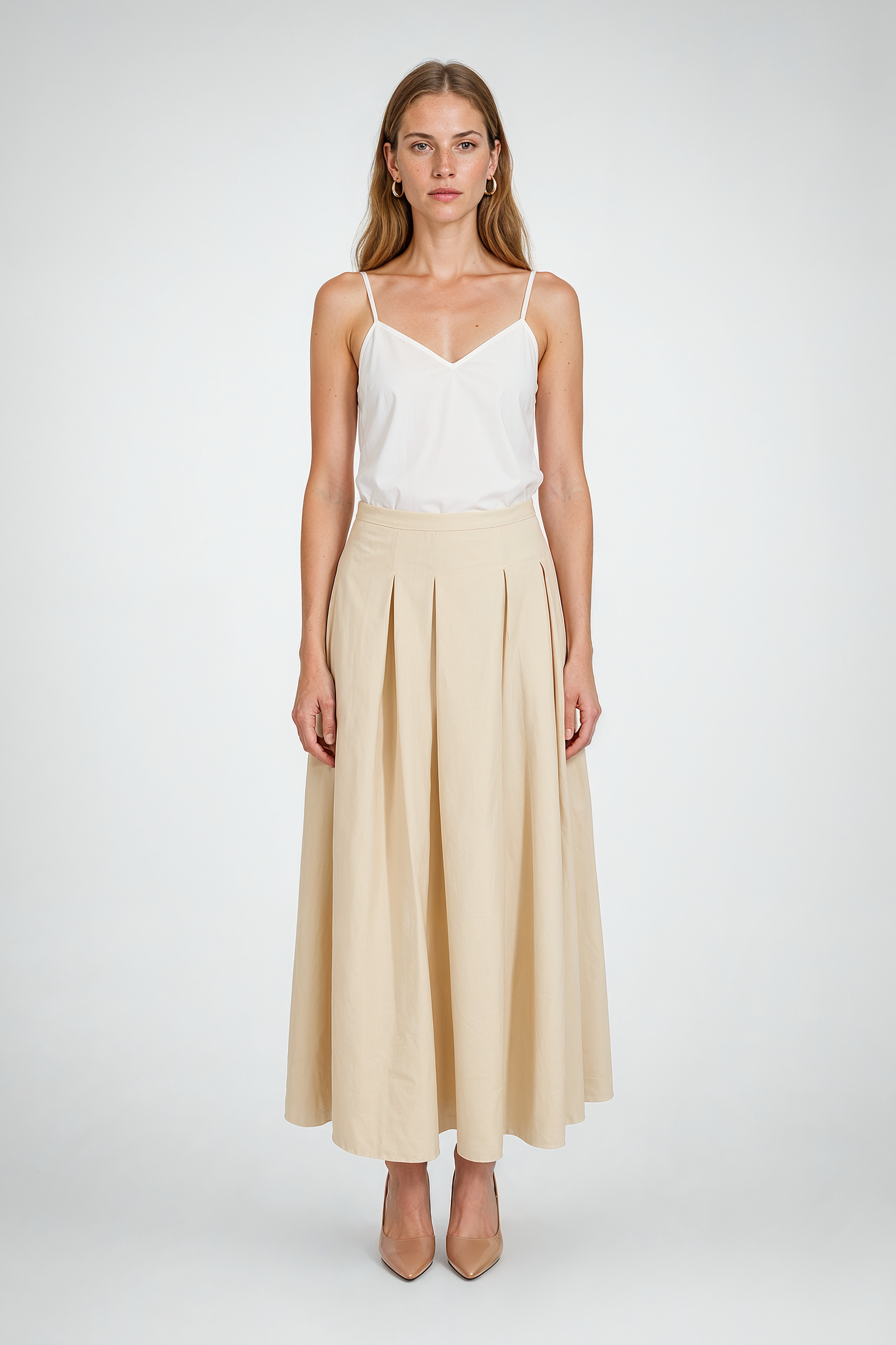 Beige Box-Pleated Cotton Midi Skirt