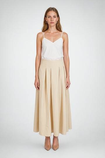 Mikael Aghal Beige Box-Pleated Midi Skirt
