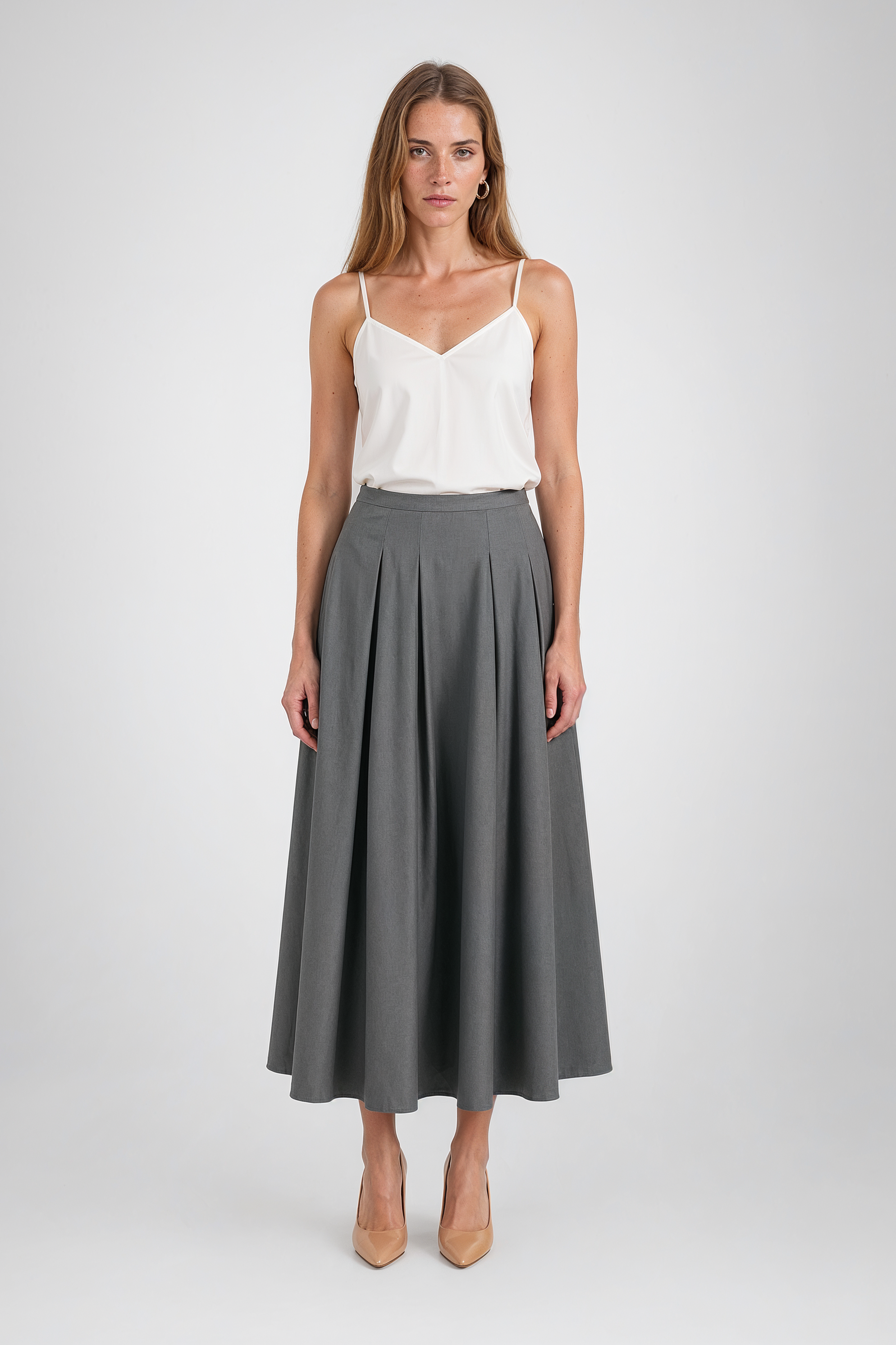 Grey Box-Pleated Cotton Midi Skirt