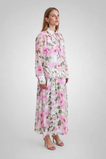 Mikael Aghal Pink Floral Chiffon Maxi Skirt
