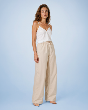 Mikael Aghal Beige Drawstring Wide-Leg Linen-Blend Pants