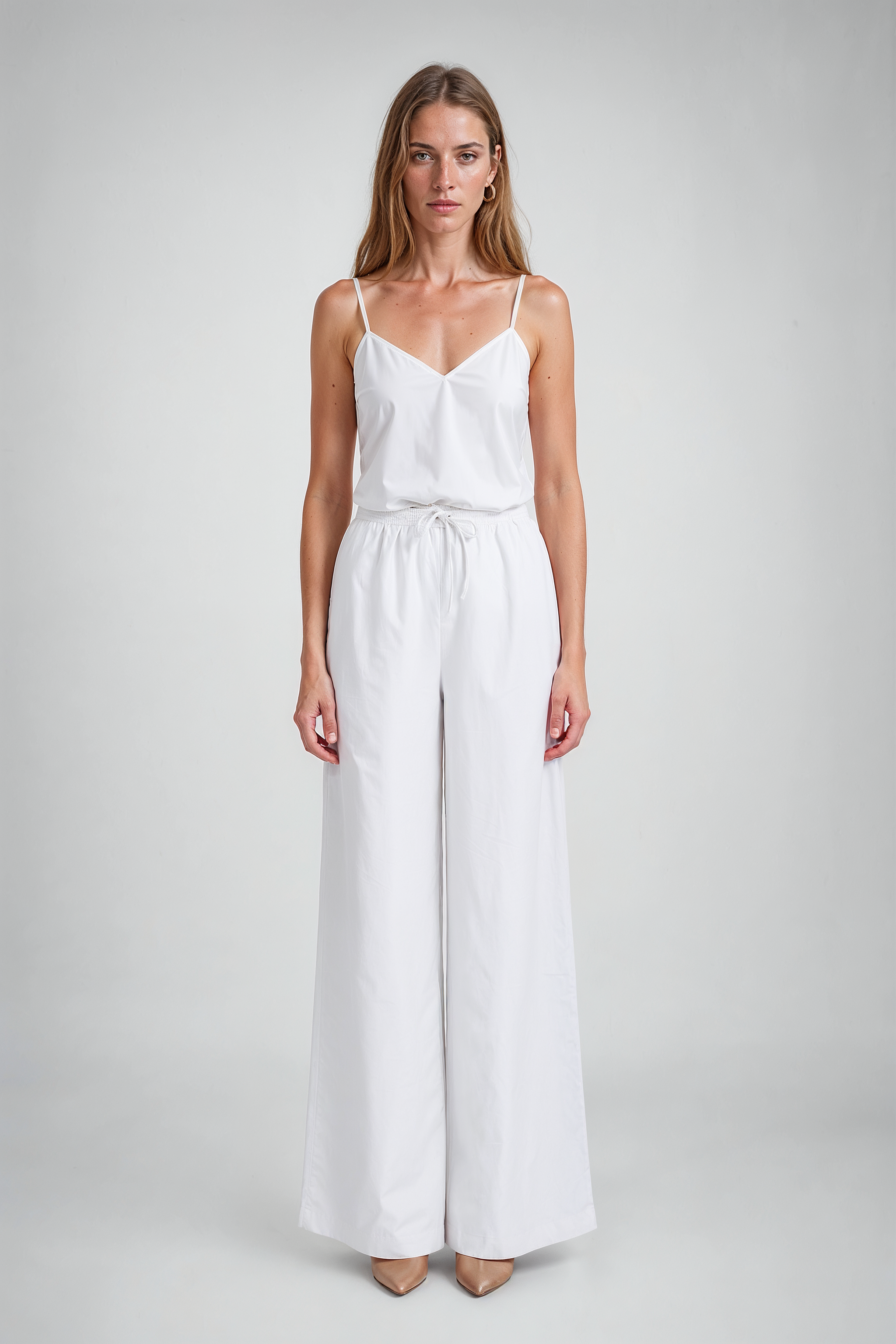 White High-Waisted Wide-Leg Drawstring Pants