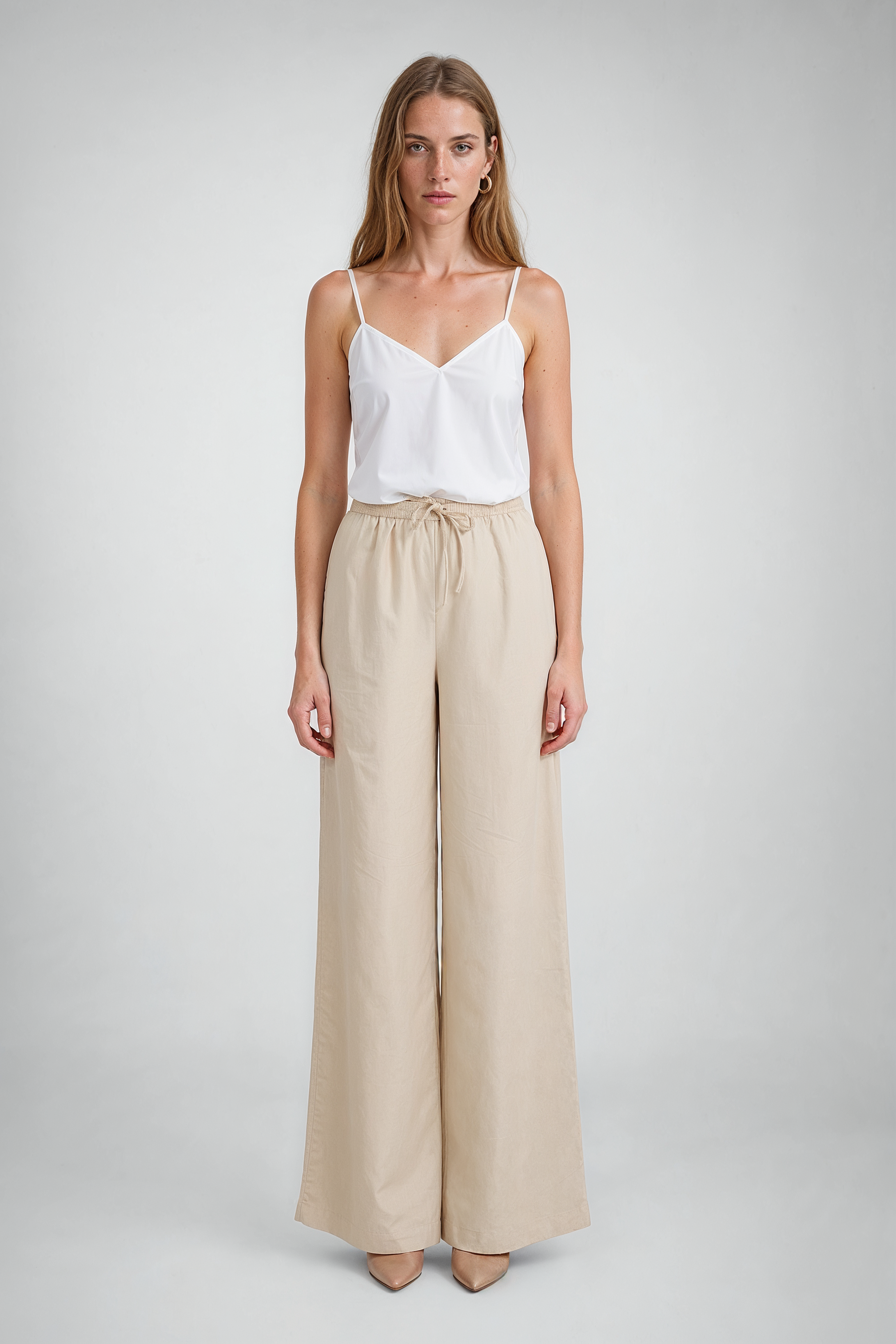 Beige Drawstring Wide-Leg Linen-Blend Pants