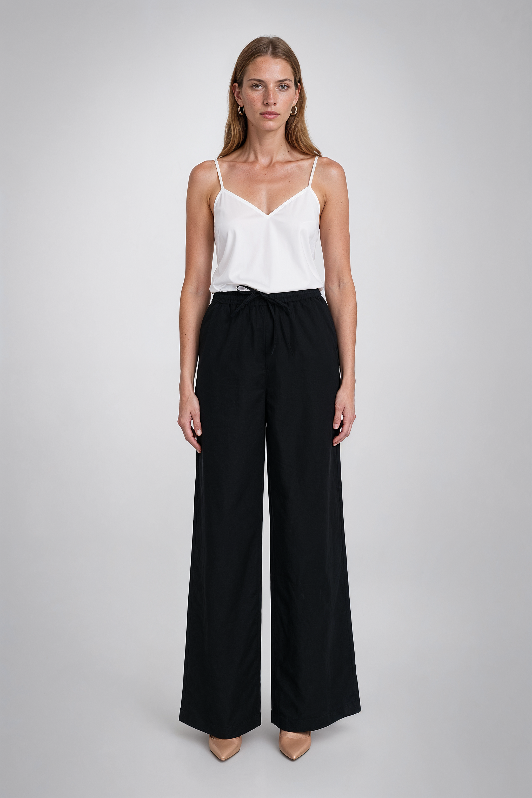 Black Drawstring Wide-Leg Linen-Blend Pants
