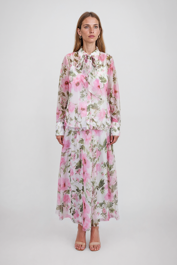 Mikael Aghal Pink Floral Chiffon Maxi Skirt