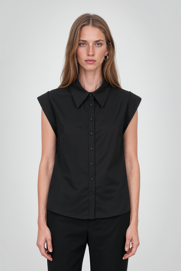 Mikael Aghal Black Structured Cap-Sleeve Button-Down Top