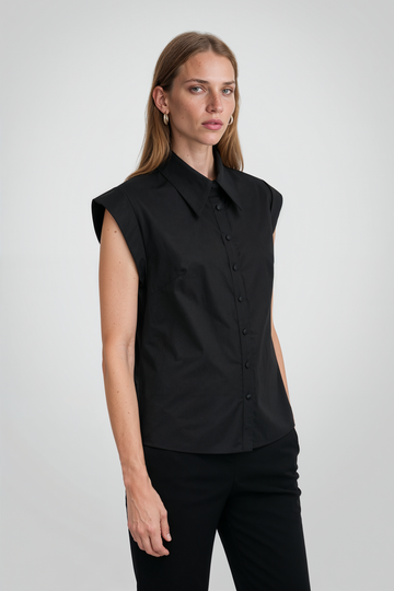 Mikael Aghal Black Structured Cap-Sleeve Button-Down Top