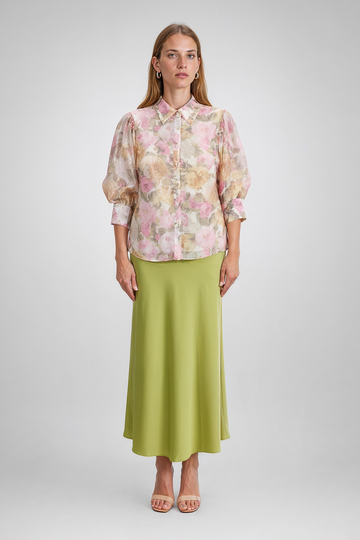 Mikael Aghal Pink Floral Organza Puff-Sleeve Blouse