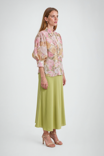 Mikael Aghal Pink Floral Organza Puff-Sleeve Blouse