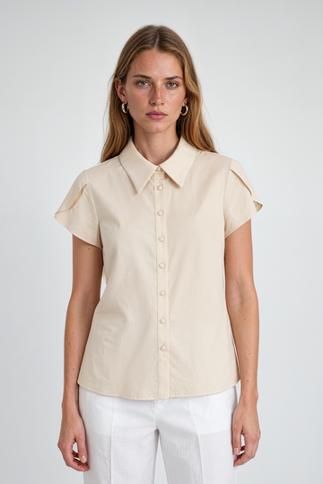 Mikael Aghal Cream Tulip Short-Sleeve Button-Down Blouse