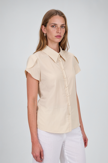 Mikael Aghal Cream Tulip Short-Sleeve Button-Down Blouse