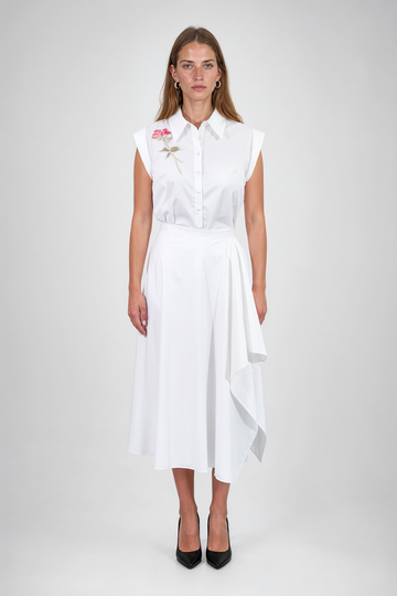 Mikael Aghal White Floral Embroidered Cap-Sleeve Button-Down Top