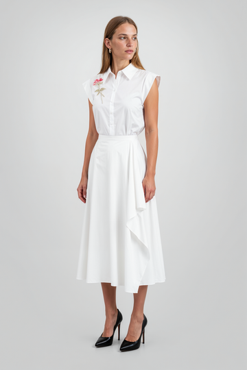 Mikael Aghal White Floral Embroidered Cap-Sleeve Button-Down Top