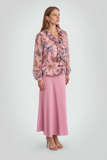 Mikael Aghal Floral Ruffle V-Neck Long-Sleeve Blouse