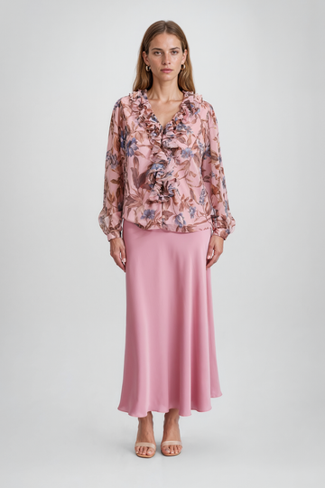 Mikael Aghal Floral Ruffle V-Neck Long-Sleeve Blouse