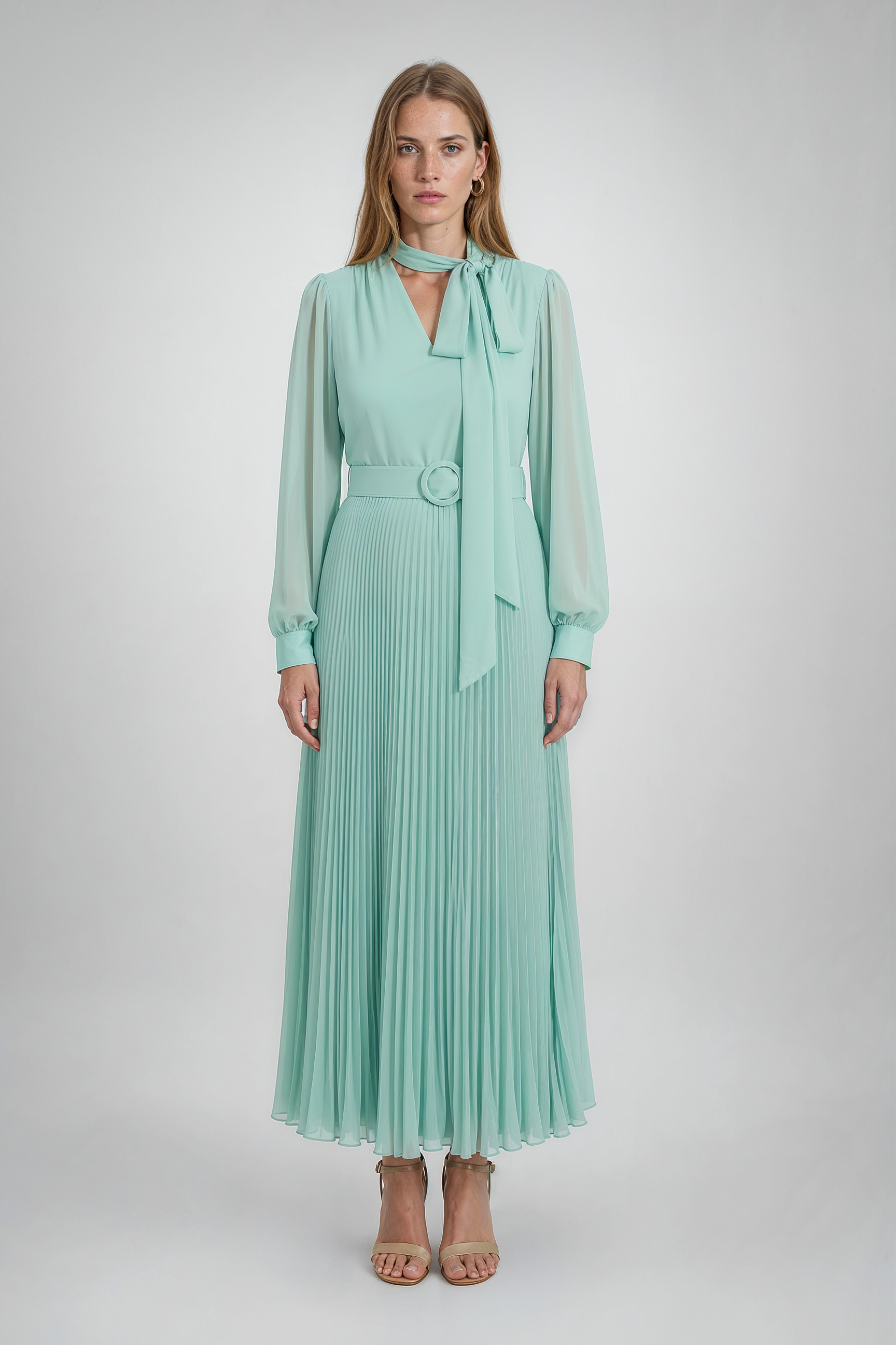 Mint Green Tie-Neck Pleated Chiffon Midi Dress