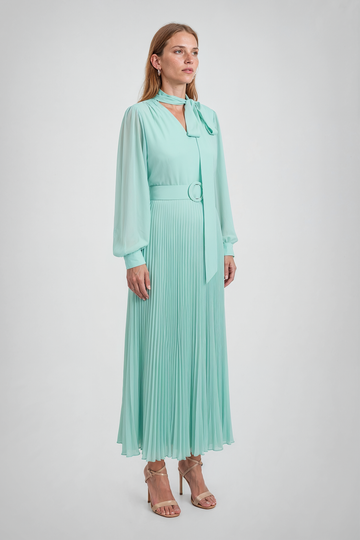 Mikael Aghal Tie-Neck Pleated Midi Dress