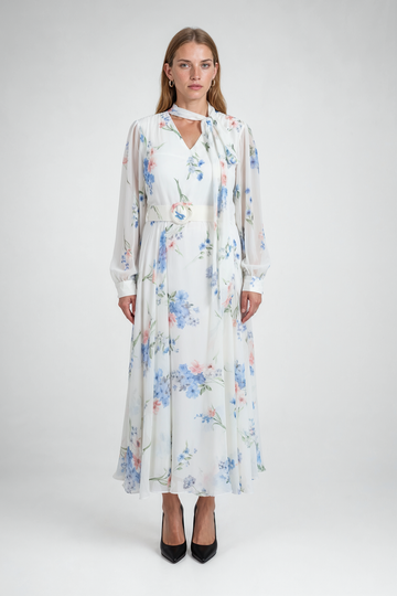 Mikael Aghal Floral Print Maxi Dress with Belt and Neck Tie