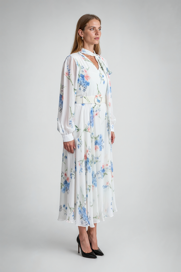Mikael Aghal Floral Print Maxi Dress with Belt and Neck Tie