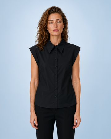 Mikael Aghal Black Structured Cap-Sleeve Button-Down Top