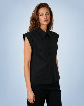 Mikael Aghal Black Structured Cap-Sleeve Button-Down Top
