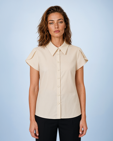Mikael Aghal Cream Tulip Short-Sleeve Button-Down Blouse