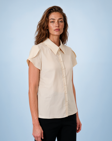 Mikael Aghal Cream Tulip Short-Sleeve Button-Down Blouse